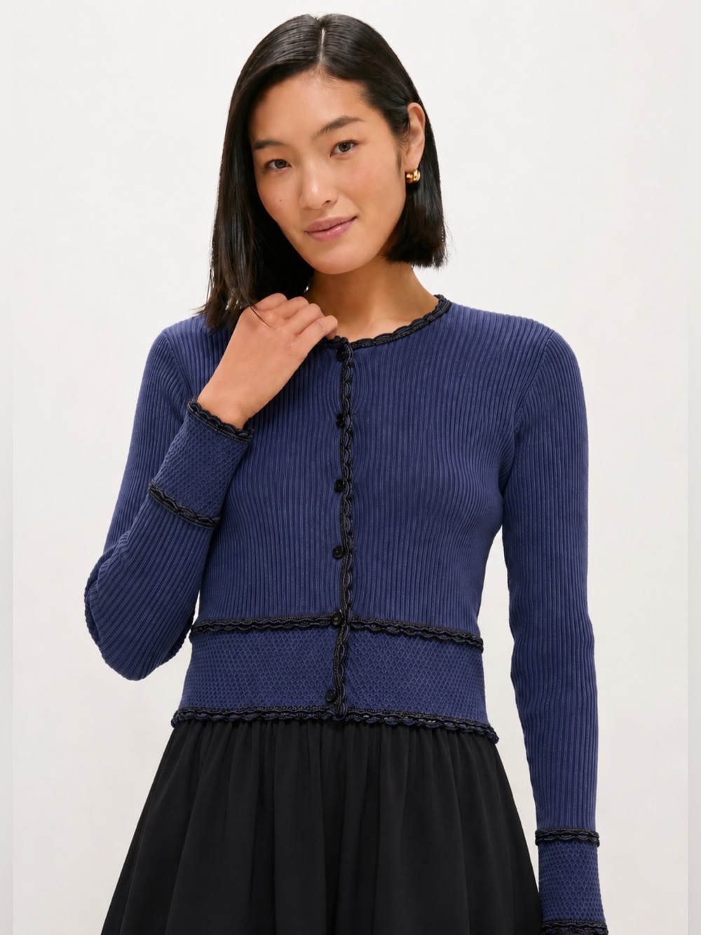 NWT Tuckernuck Navy + Black Lily Cardigan Sweater, Scalloped, sz XS Extra Small